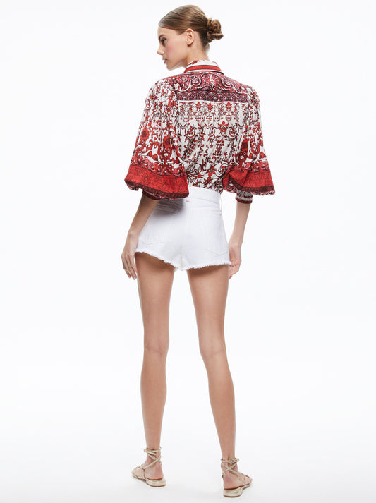 Alice & Olivia Tiffie Collared Puff Sleeve Blouse