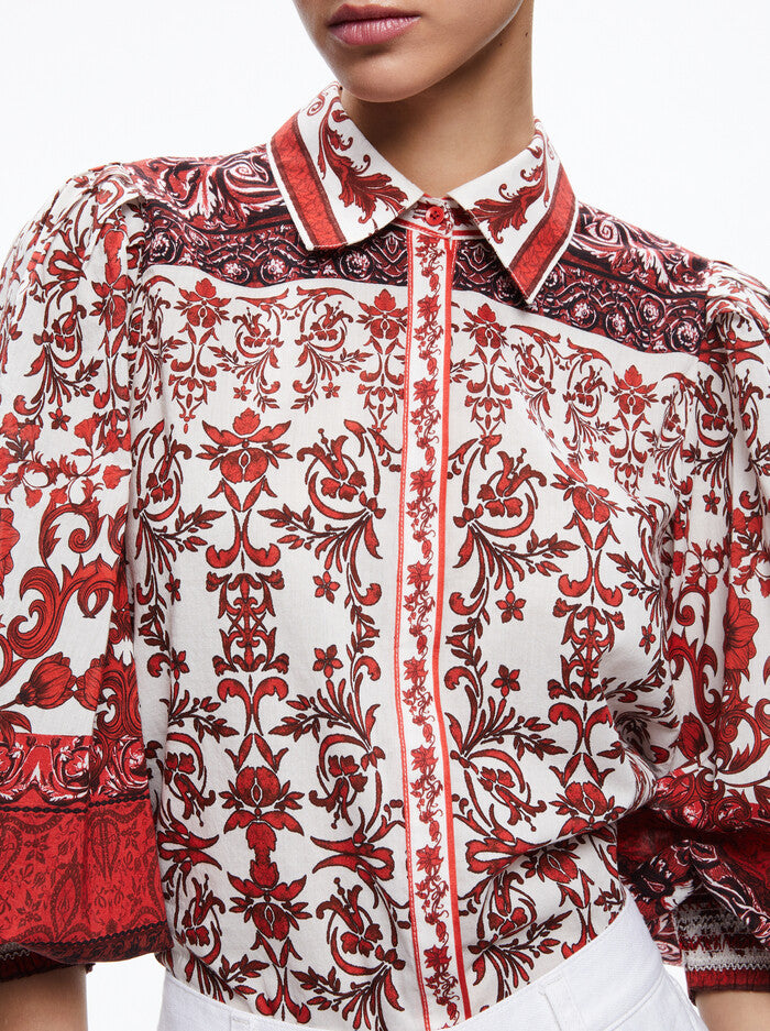 Alice & Olivia Tiffie Collared Puff Sleeve Blouse