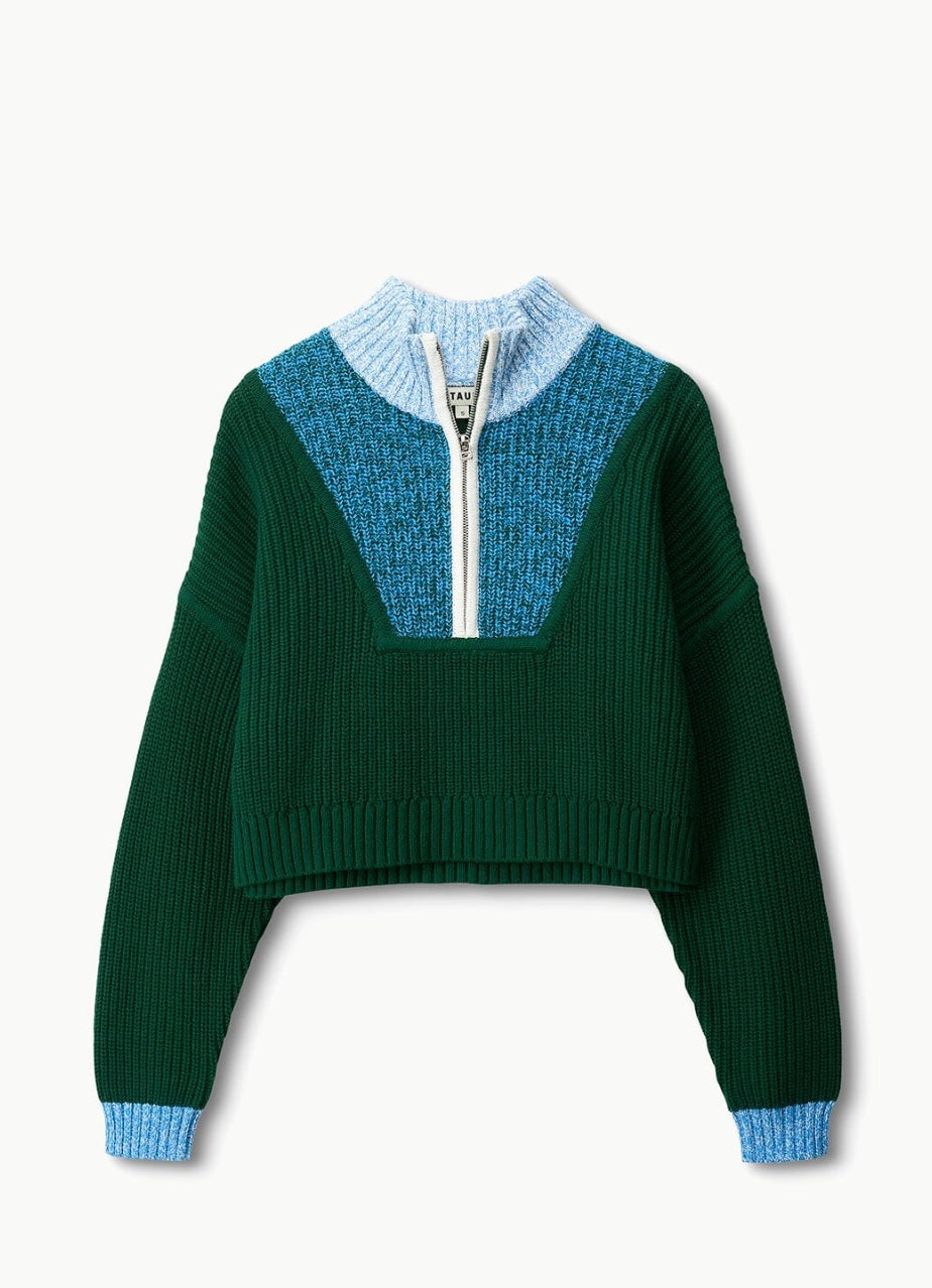 STAUD Cropped Hampton Sweater - Jungle, Sky & Ivory