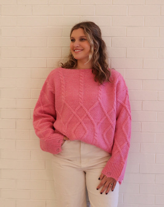 MOON RIVER PINK CABLED SWEATER