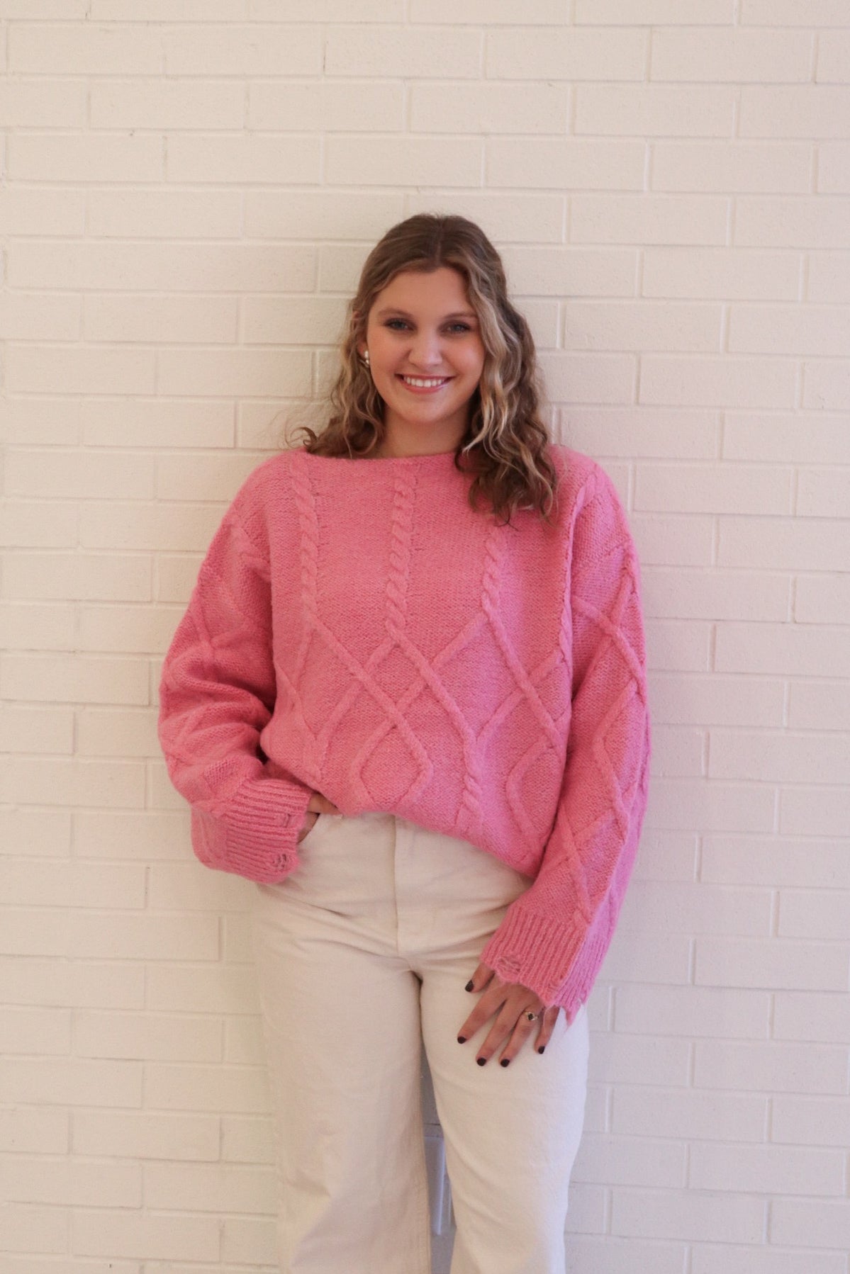 MOON RIVER PINK CABLED SWEATER