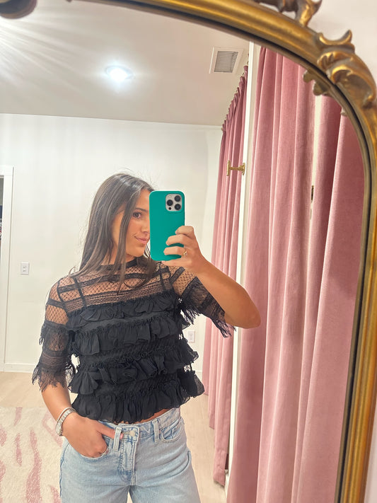 The Great The Winter Mesh Flounce Top
