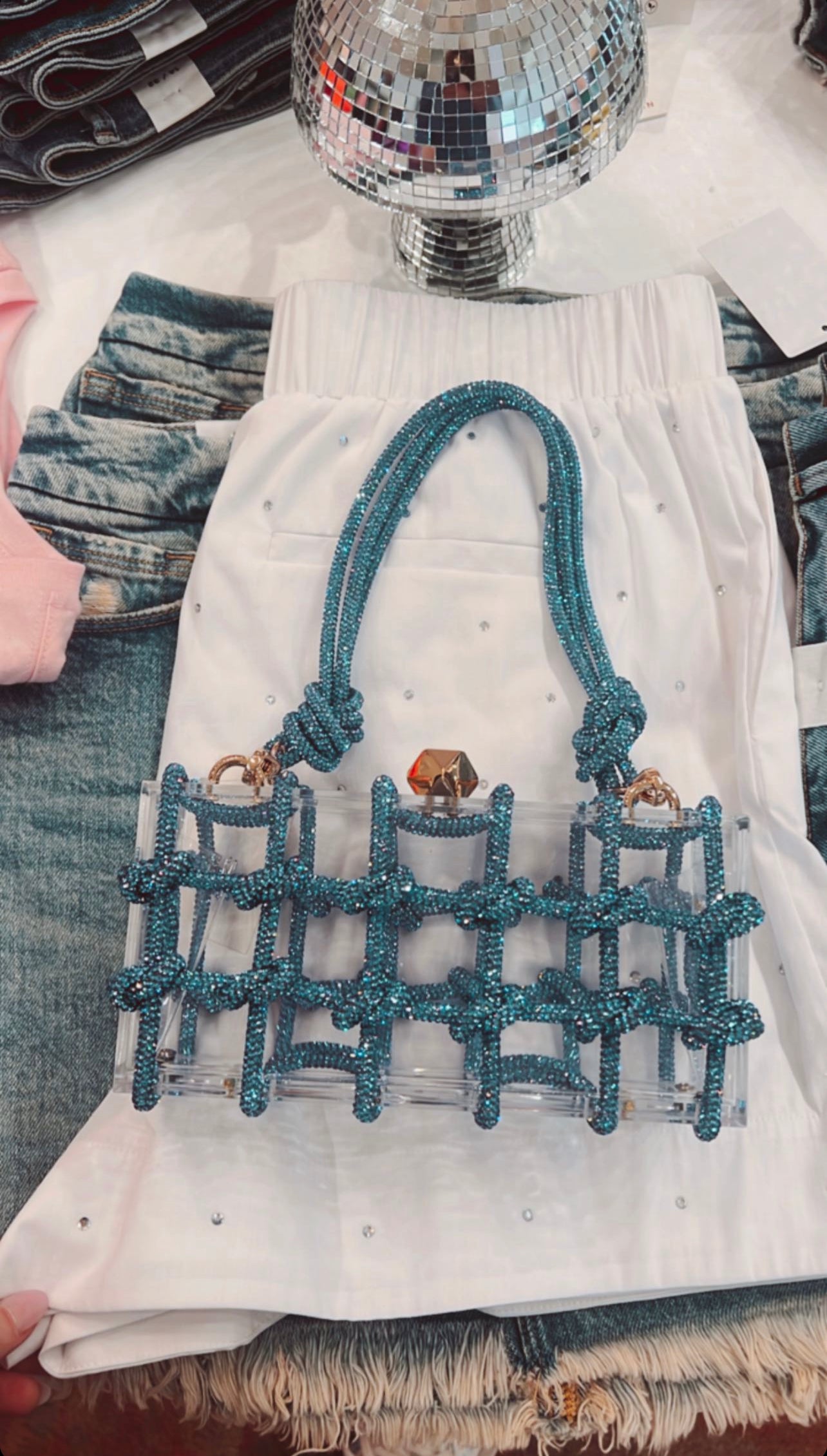 CLEAR BLUE EMBELLISHED CLUTCH