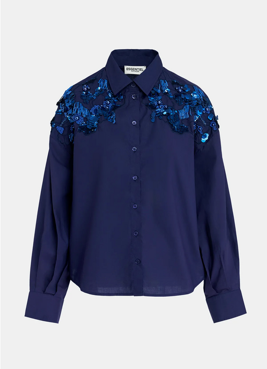 Essentiel Antwerp Navy blue cotton shirt with sequin and beaded embroideries