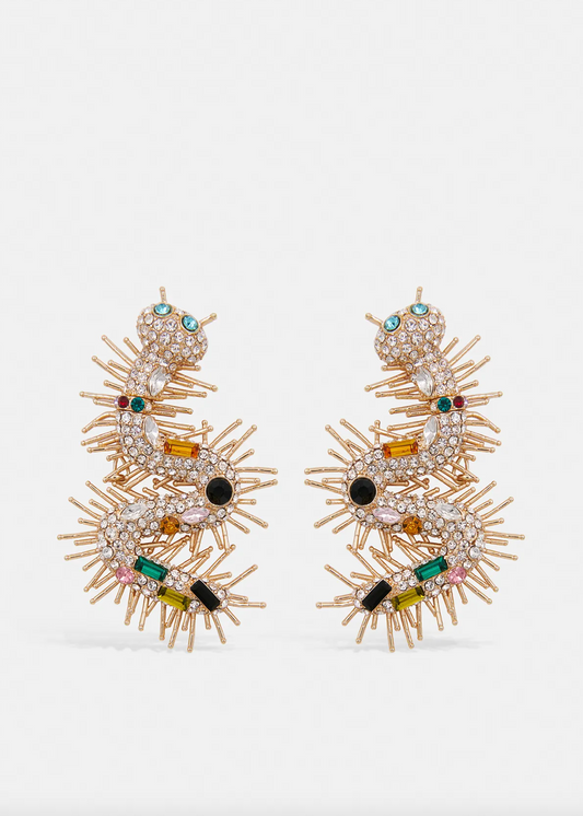 ESSENTIEL ANTWERP Gold, silver and blue rhinestone centipede earrings
