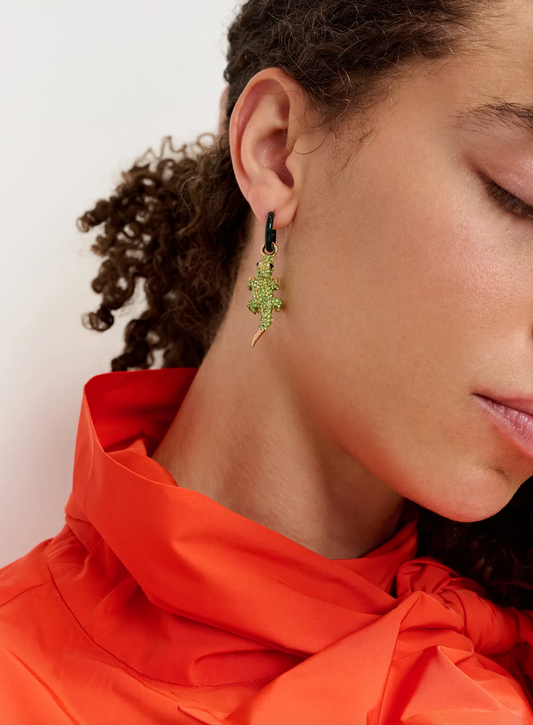 ESSENTIEL ANTWERP Black hoop earrings with crocodile and hot sauce pendants