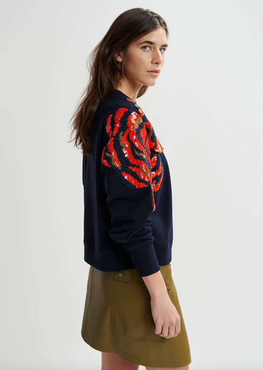ESSENTIEL ANTWERP Navy blue organic cotton sweatshirt with sequin and bead embroideries