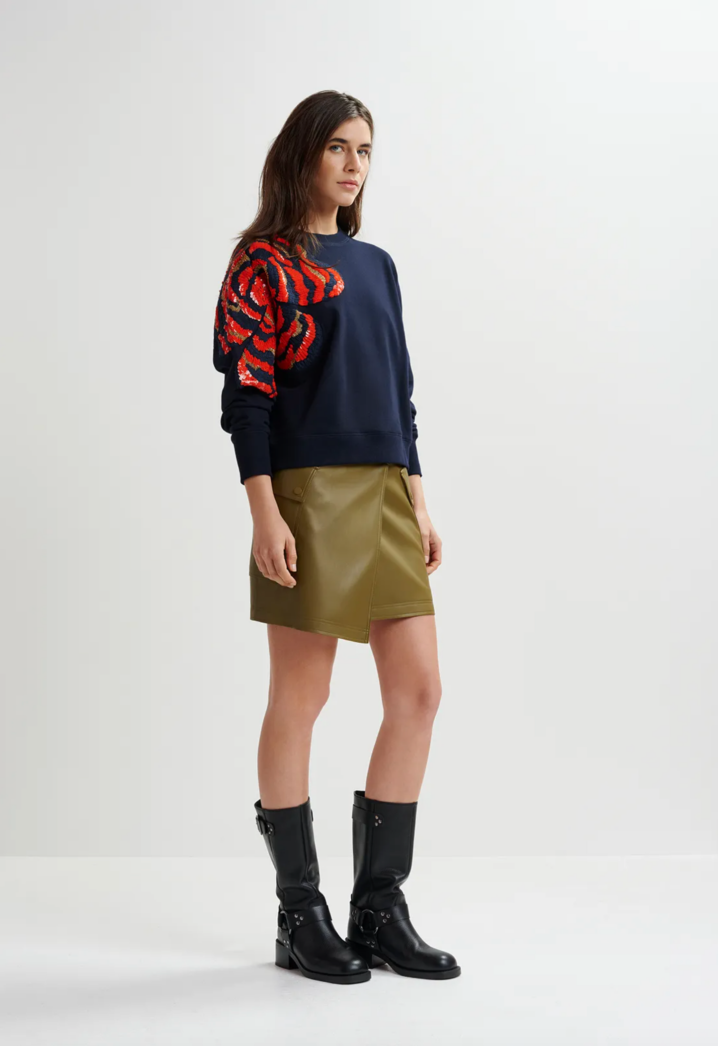 ESSENTIEL ANTWERP Navy blue organic cotton sweatshirt with sequin and bead embroideries