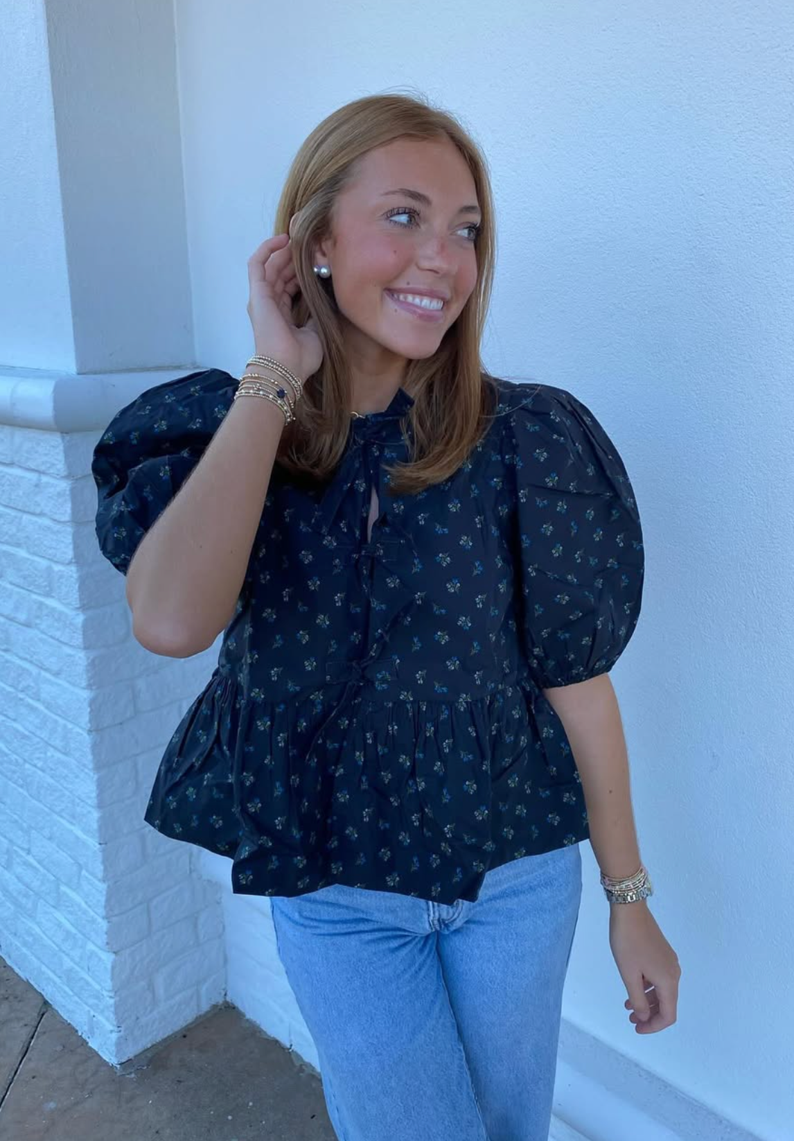 Ganni Printed Cotton Peplum Blouse