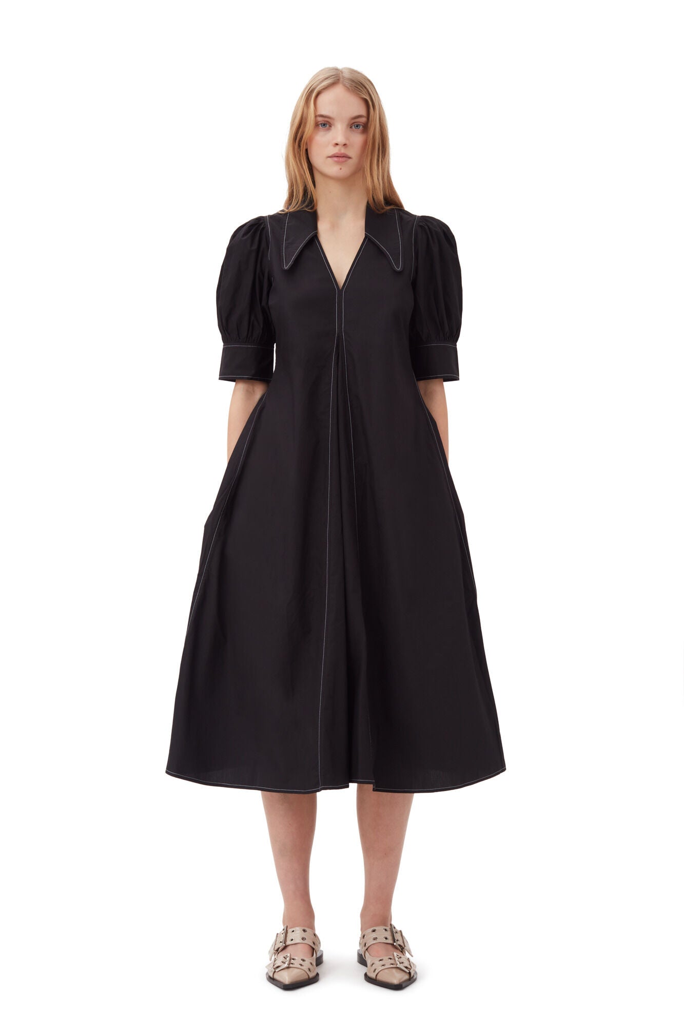 Ganni Cotton Poplin V-Neck Midi Dress