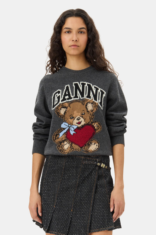 Ganni DARK GREY GRAPHIC BEAR SWEATER