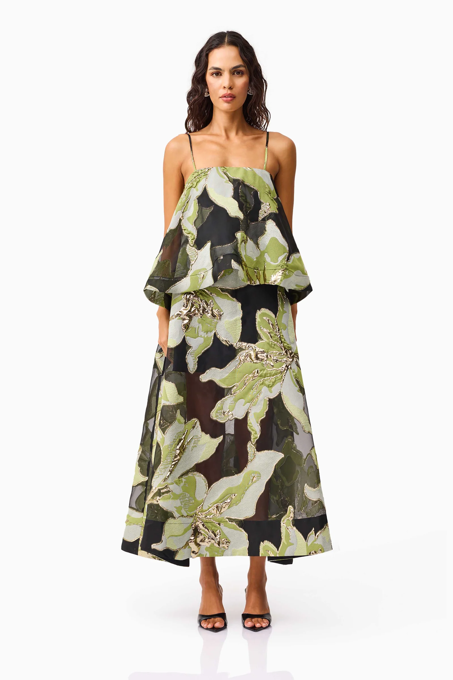 Elliatt Elysia Tiered Gown in Black & Green Floral