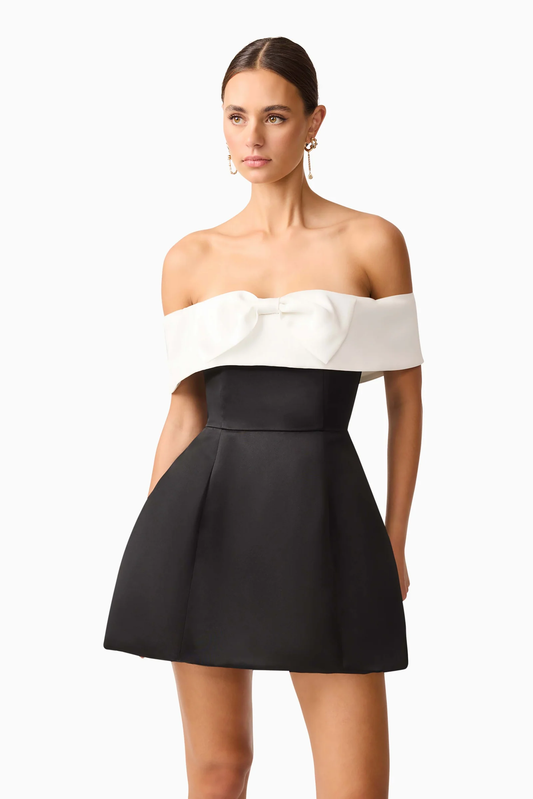 Elliatt Sorrel Off the Shoulder Mini Dress in Black & White