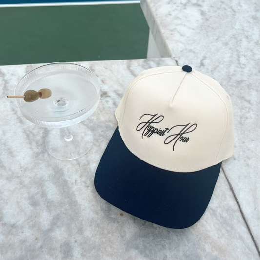 Happiest Hour-Embroidered Trucker- Nvy/Natrl Hat Blk Thread