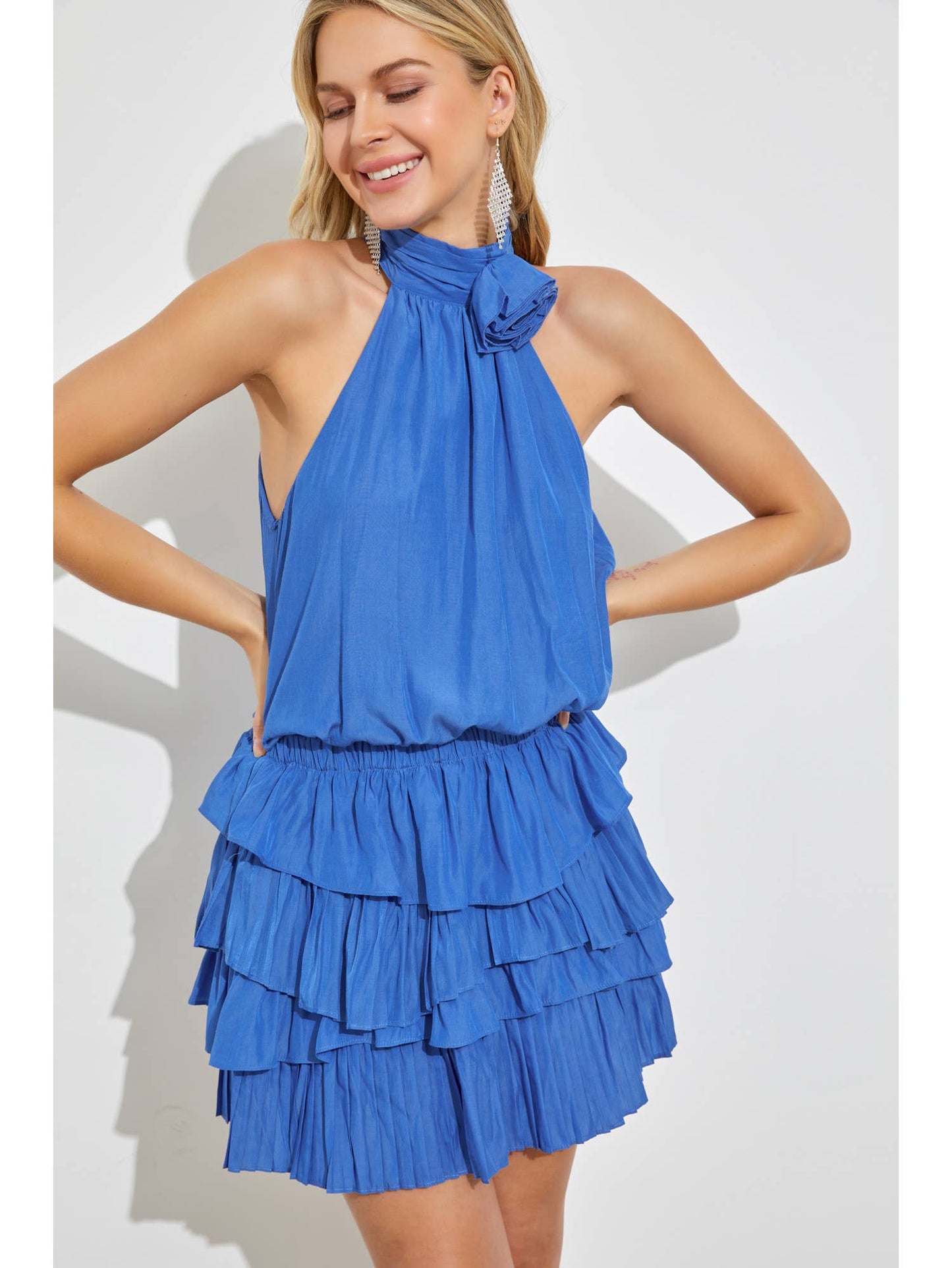 AK HIGH NECK FLOWER RUFFLE DRESS