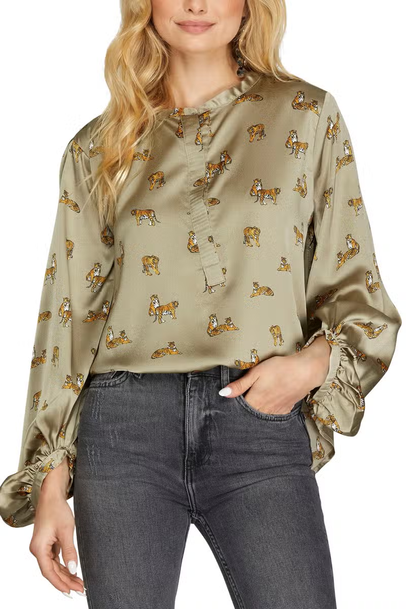 LONG SLEEVE WOVEN PRINT BLOUSE - OLIVE GREEN