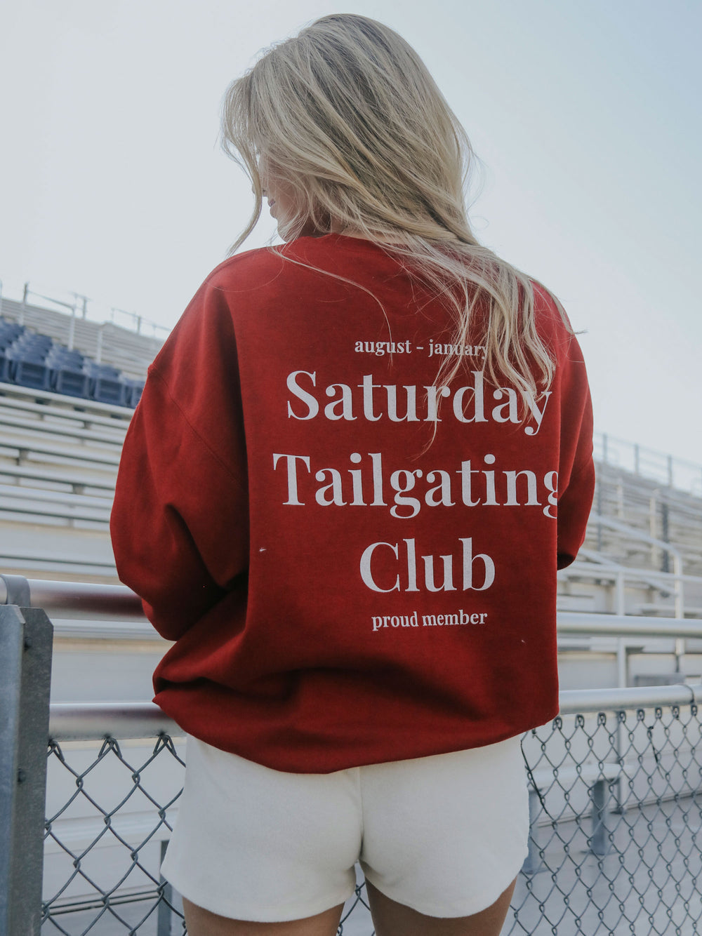 SATURDAY TAILGATING CLUB RED SWEATSHIRT (front + back)