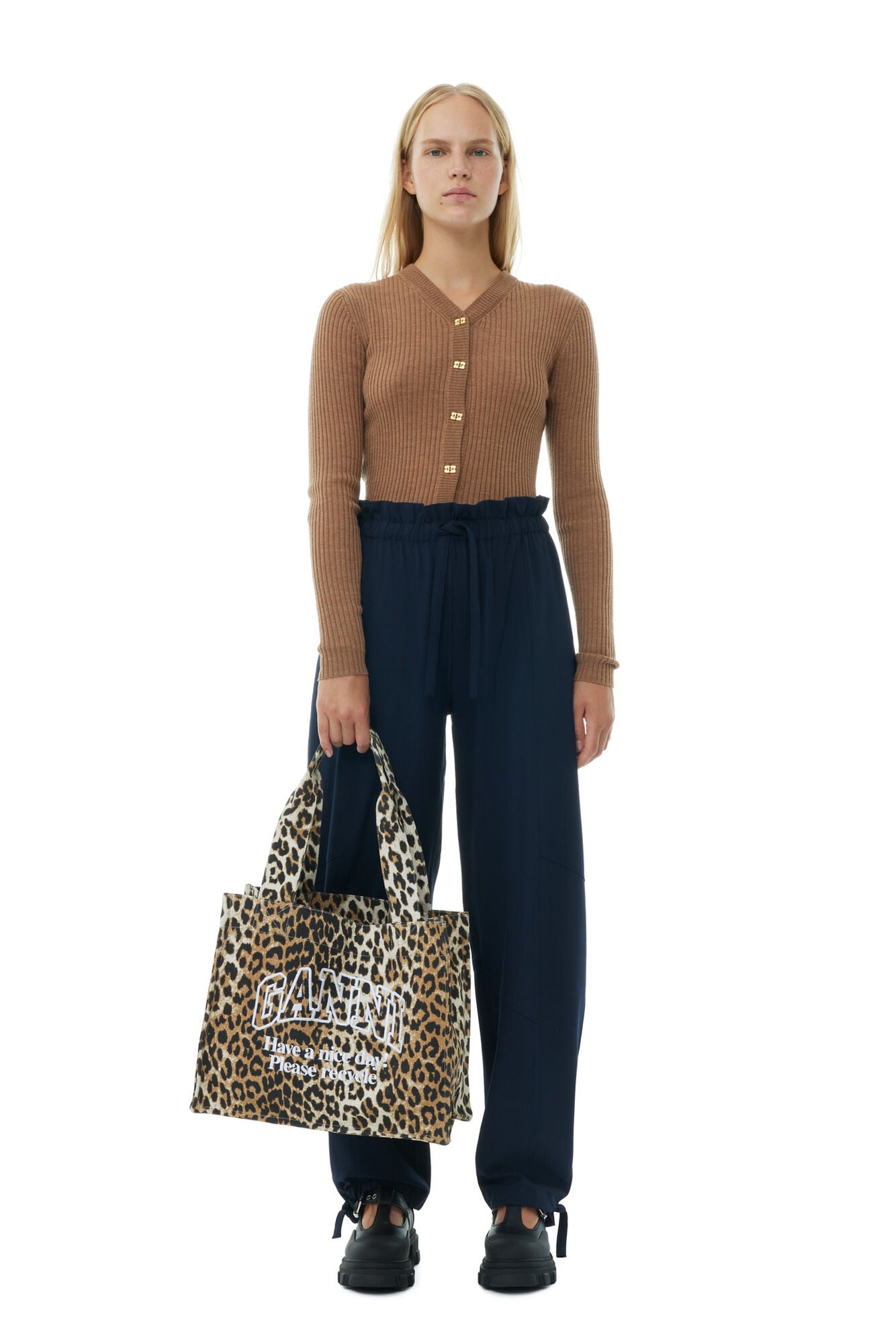 GANNI LEOPARD LARGE CANVAS TOTE BAG