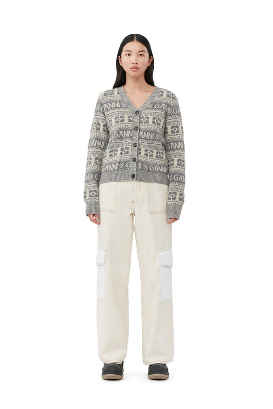 Ganni Grey Logo Wool Mix Cardigan