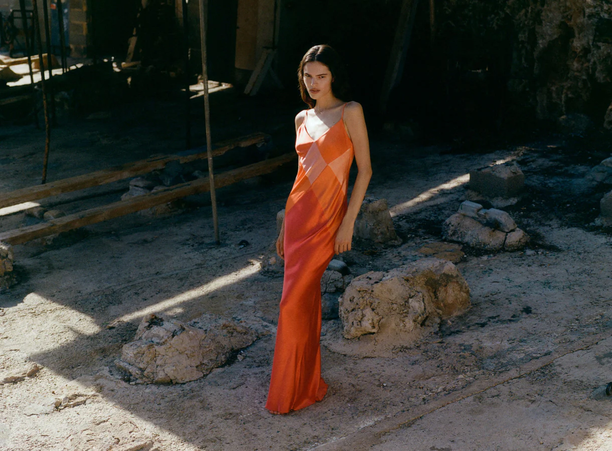 Shona Joy Mia Contrast Spliced Maxi Dress - Red Orange / Hibiscus