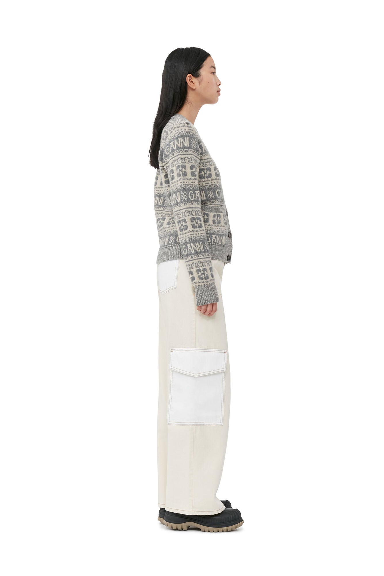 Ganni Grey Logo Wool Mix Cardigan