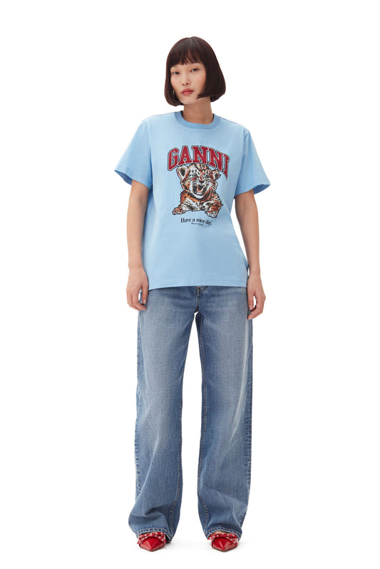 GANNI BLUE BASIC JERSEY TIGER RELAXED T-SHIRT