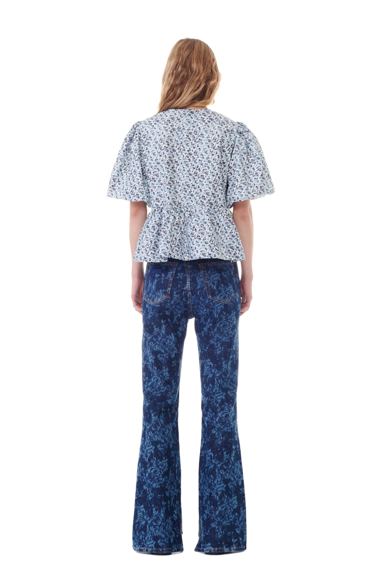Ganni FLORAL PRINTED COTTON POPLIN PEPLUM BLOUSE