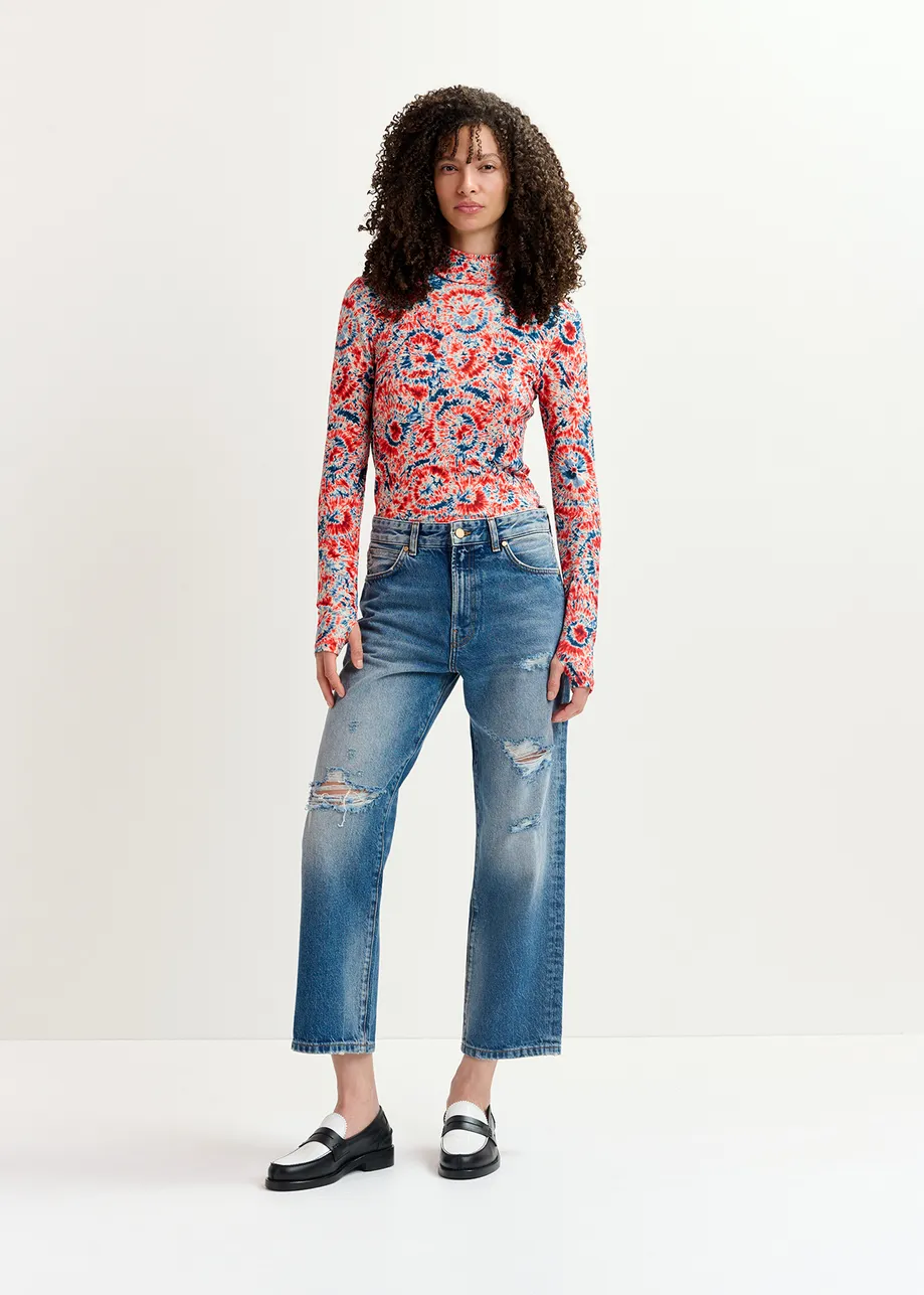 Essentiel Antwerp Red and blue tie-dye printed turtleneck top