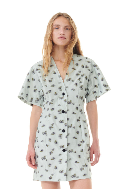 Ganni GREY FLORAL PRINTED ORGANZA JACQUARD MINI DRESS