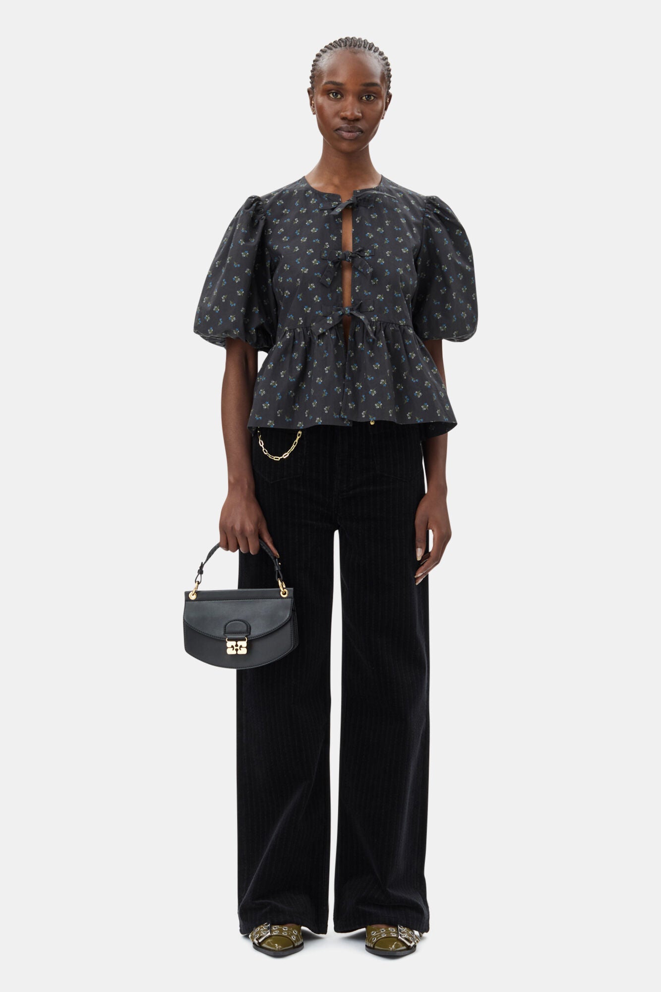 Ganni Printed Cotton Peplum Blouse
