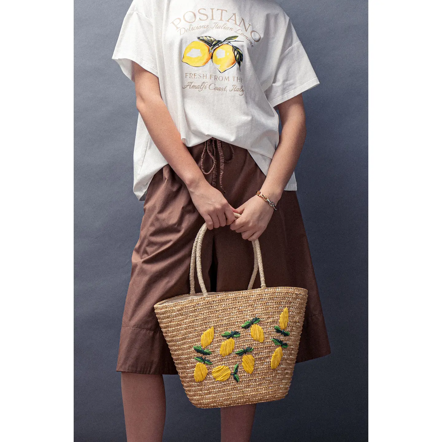 Tropical Lemon Embroidered Straw Beach Tote