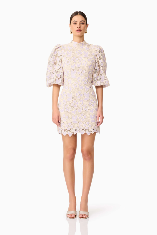 Elliatt Jasmine Puff Sleeve Mini Dress in Purple & Beige