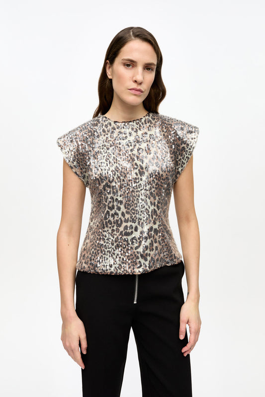 Ganni LEOPARD PRINTED STRETCH SEQUINS BLOUSE