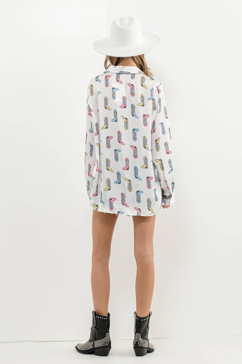Satin Cowboy Boots Print Button Up Blouse
