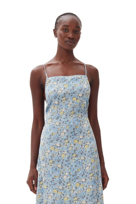 Ganni BLUE FLORAL CRINKLED SATIN LONG DRESS