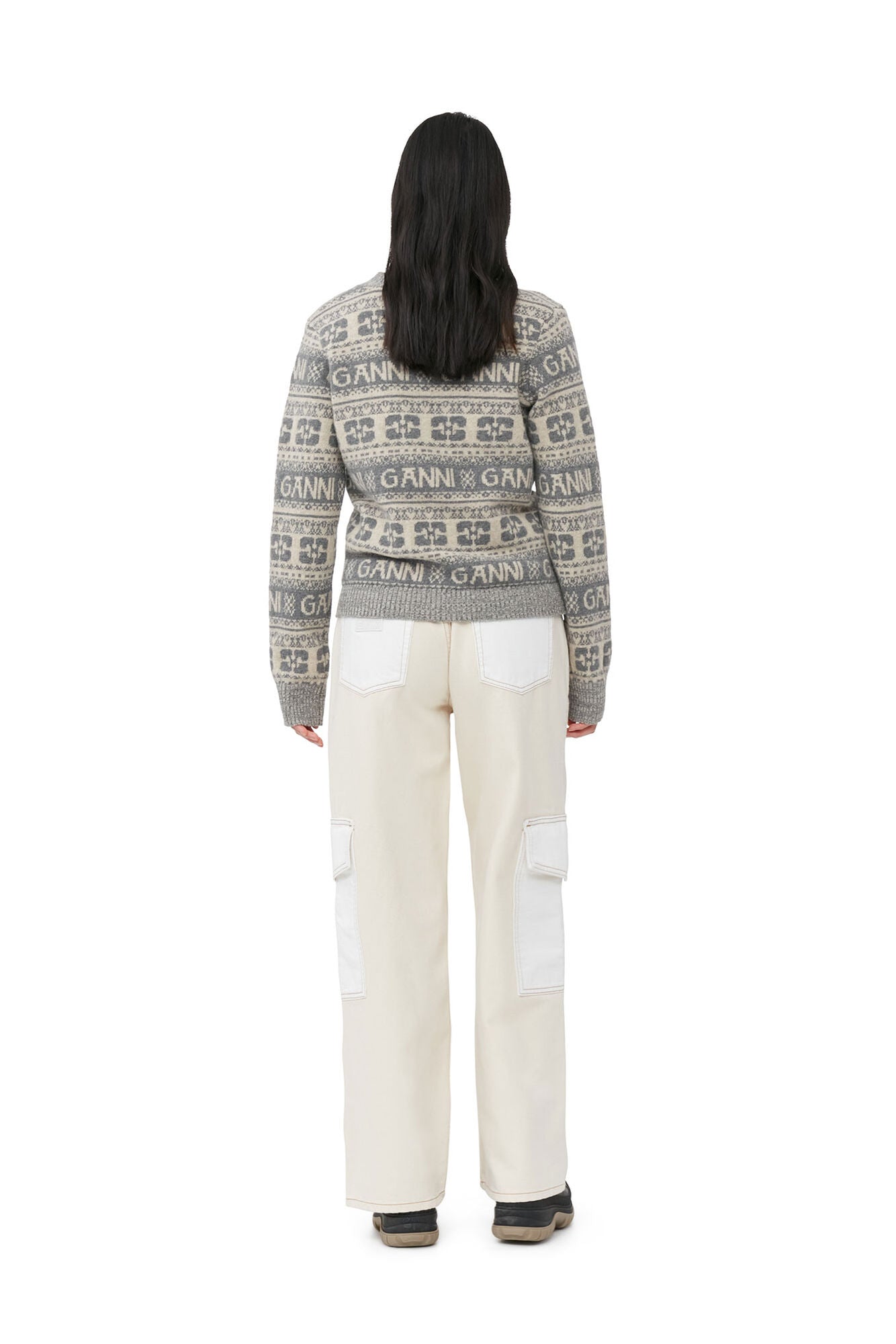 Ganni Grey Logo Wool Mix Cardigan