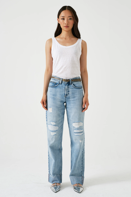 SEVENTY + MOCHI Stevie Turn Up Jean in Vintage Destroyed Austin