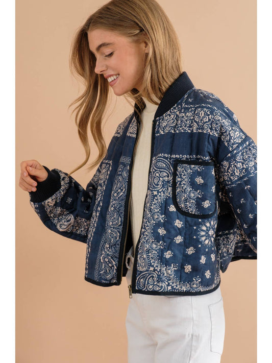 Paisley Quilted Binding Finish Zip Up Crop Jacket