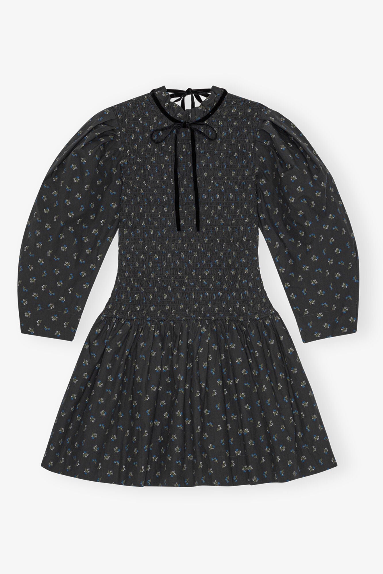 Ganni BLACK PRINTED MINI SMOCK DRESS