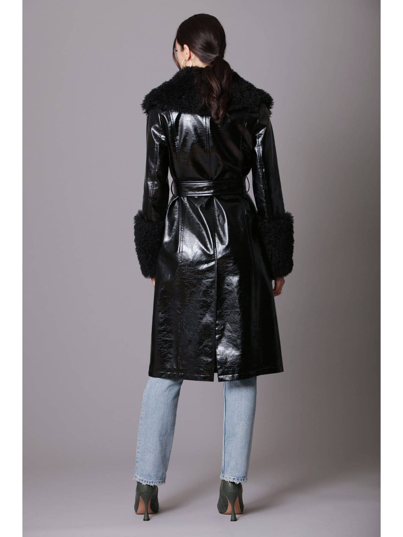 Faux Fur-Trimmed Patent Trench Coat
