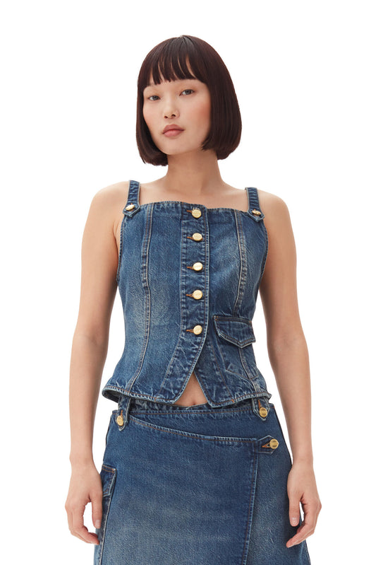 Ganni DARK BLUE HEAVY WASHED DENIM TOP
