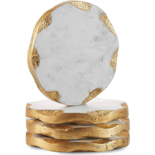Set of Four Round Marble Coasters Gold Edge