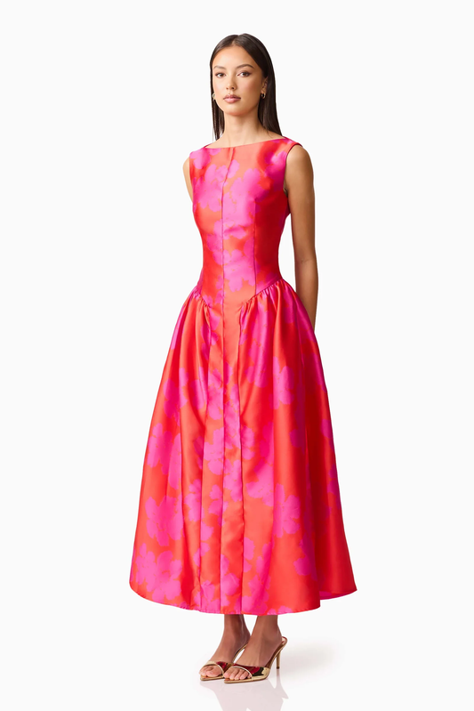 Elliatt Eloise A-Line Midi Dress in Pink & Red
