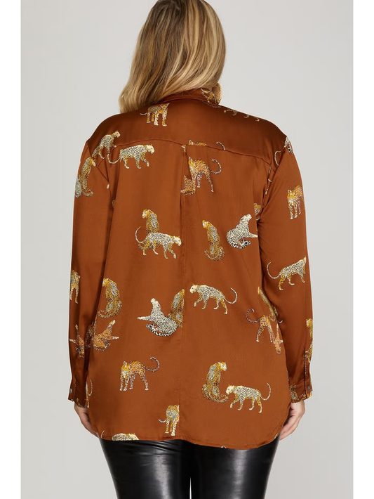 JAGUAR PRINTED SATIN BUTTON DOWN (toffee)