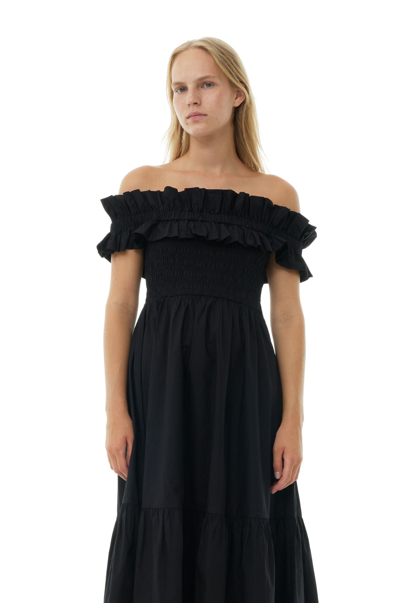 Ganni Black Cotton Poplin Long Smock Dress