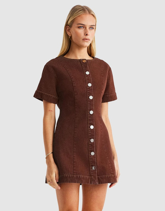 SNDYS Tilla Denim Mini Dress - Chocolate