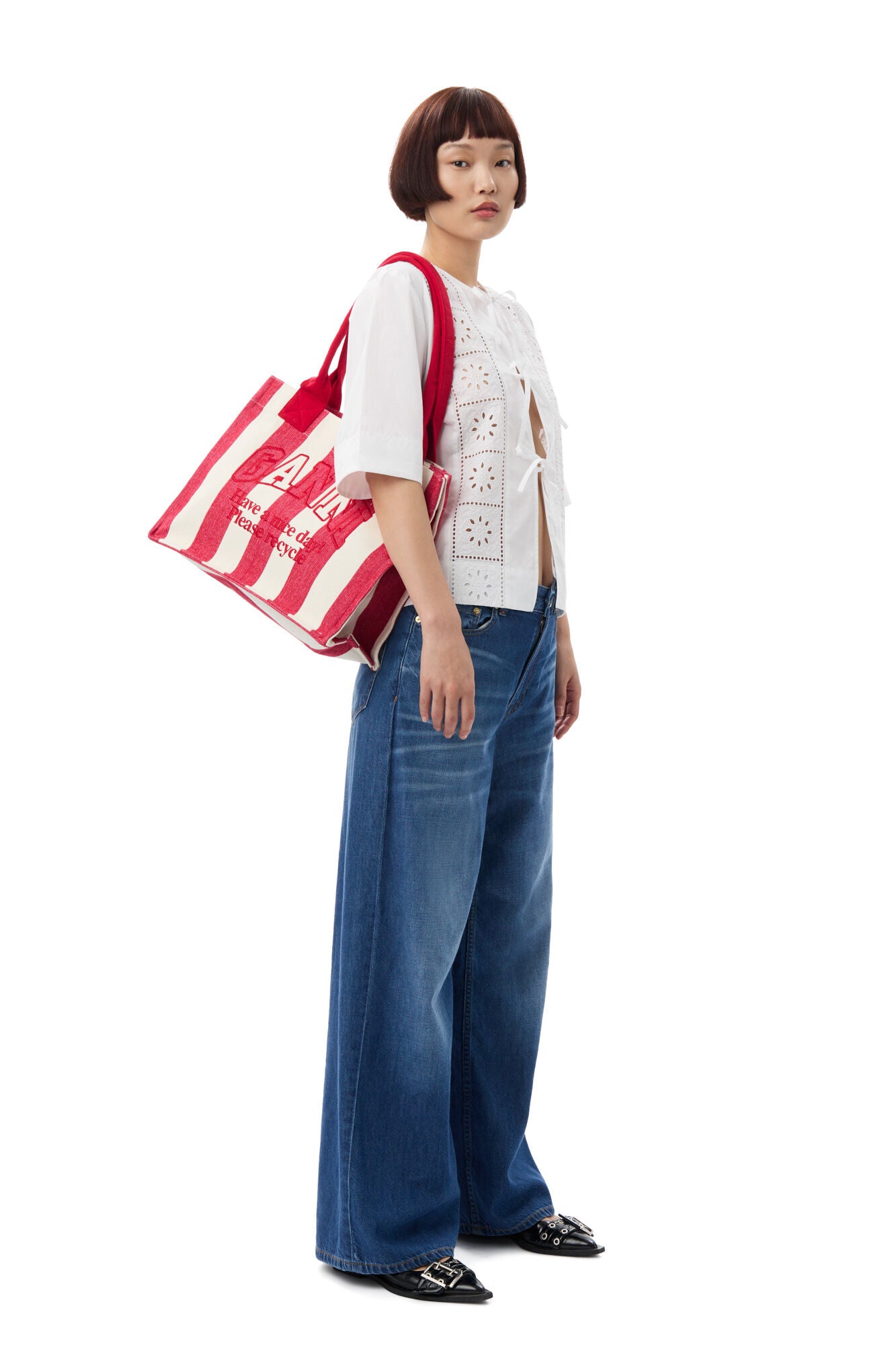 Ganni RED STRIPED EASY SHOPPER LARGE