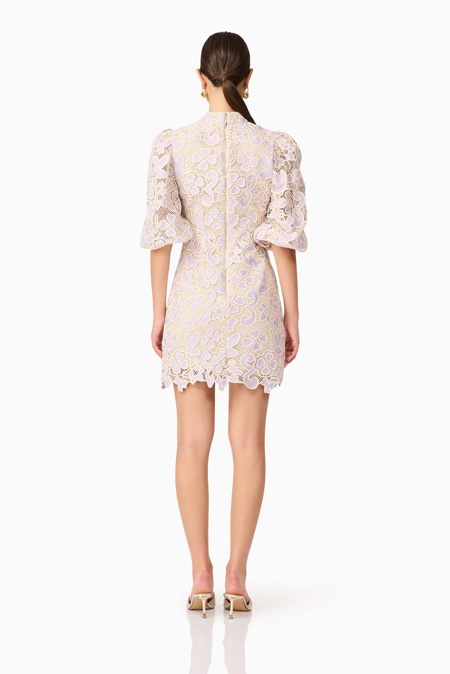 Elliatt Jasmine Puff Sleeve Mini Dress in Purple & Beige