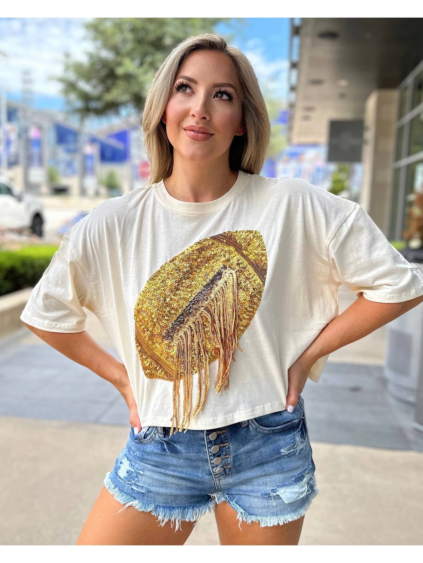 Gold/Cream Embellished Sequin Football Fringe Tee