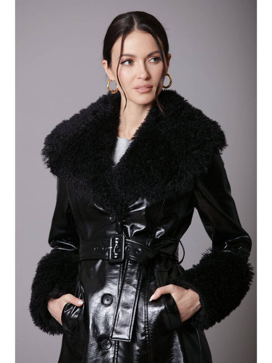 Faux Fur-Trimmed Patent Trench Coat